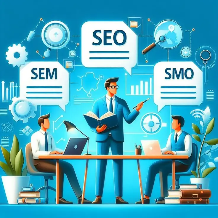 Illustration comparing SEO and social media marketing for business growth, featuring digital marketers analysing SEO, SEM, and SMO strategies, search optimisation tools, and online marketing analytics to improve brand visibility, traffic, engagement, and conversions.