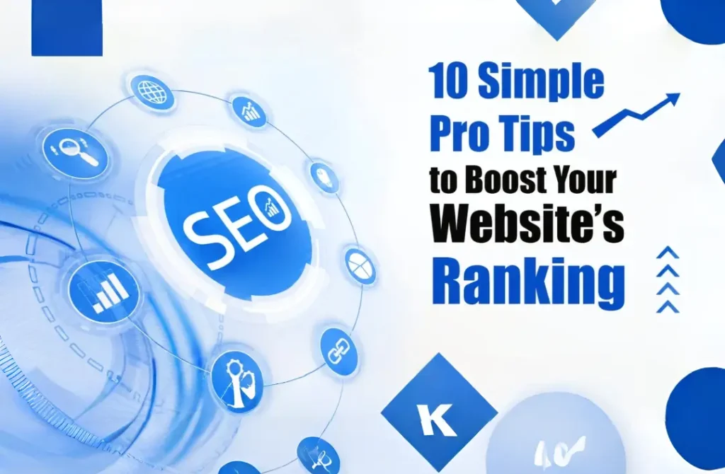 Freelance digital marketer SEO concept image showing website ranking improvement tips with blue digital marketing graphics.