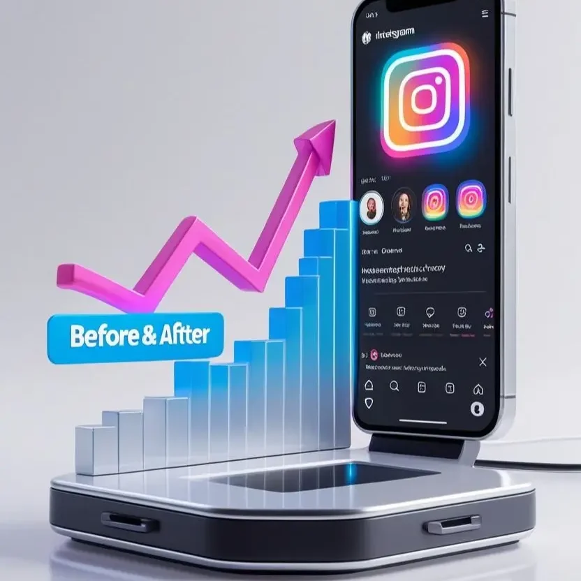 3D illustration of a smartphone displaying an Instagram profile alongside a rising bar chart and upward pink arrow labeled 'Before & After,' showcasing Social Media Marketing Strategies That Increase Sales through measurable Instagram growth and engagement