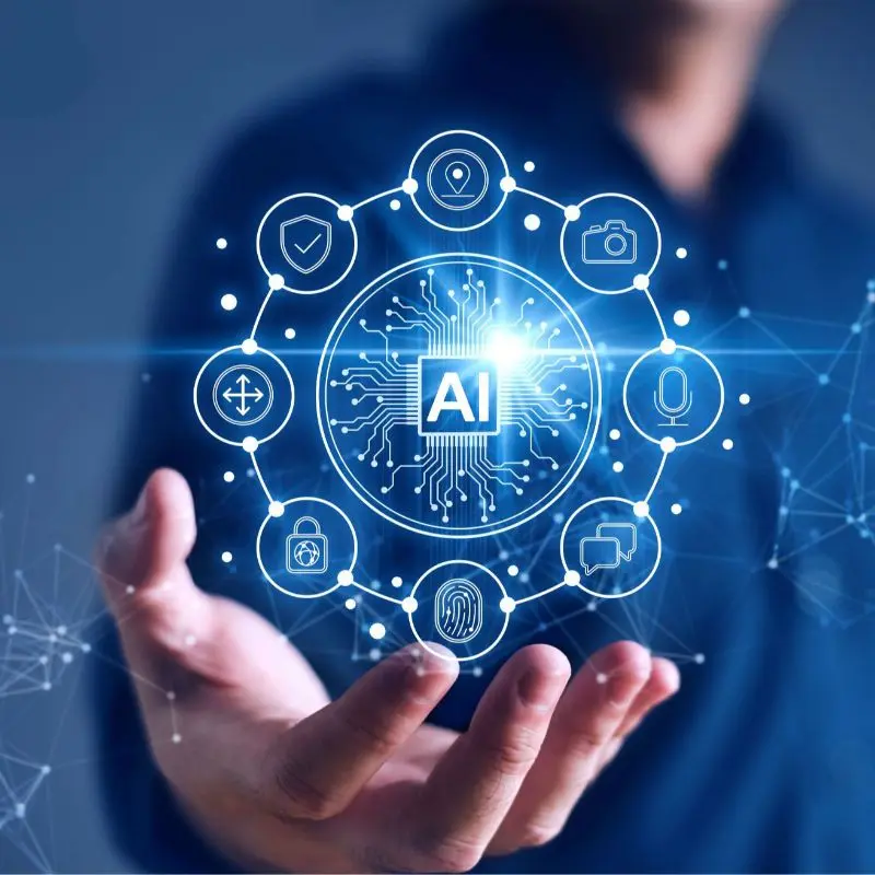 A futuristic AI technology illustration showing artificial intelligence icons and digital connectivity, representing top digital marketing trends businesses should follow in 2026.