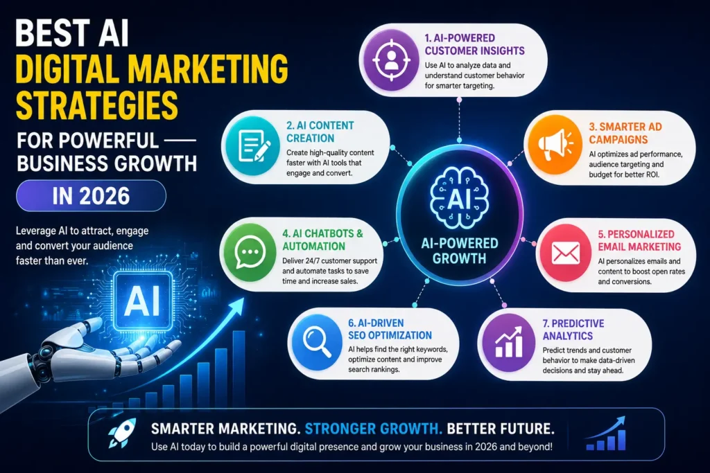 AI digital marketing strategies infographic showing AI automation, SEO optimization, personalized email marketing, chatbots, and predictive analytics for business growth.freelance digital marketer,SMM