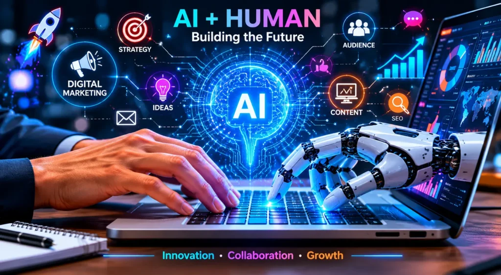 Human hands and AI robotic hand working together on a laptop, symbolizing the impact of artificial intelligence on digital marketing strategies and future technology innovation.Human hands and AI robotic hand working together on a laptop, symbolising the impact of artificial intelligence on digital marketing strategies and future technology innovation.