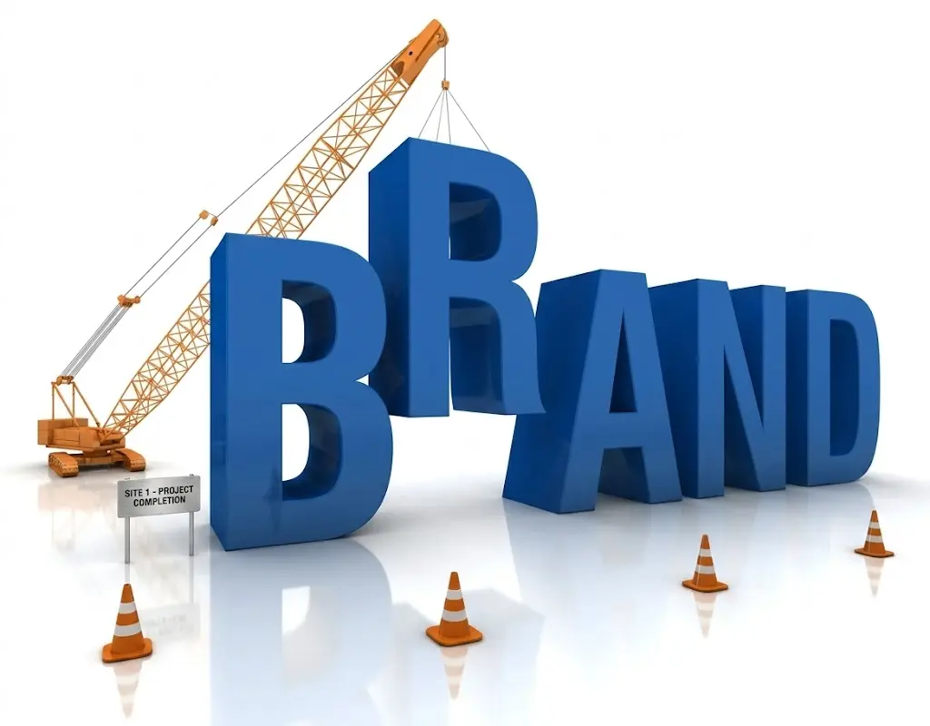 3D illustration of the word "BRAND" being constructed by a crane, representing social media marketing strategies that increase sales through strategic brand building and digital presence.