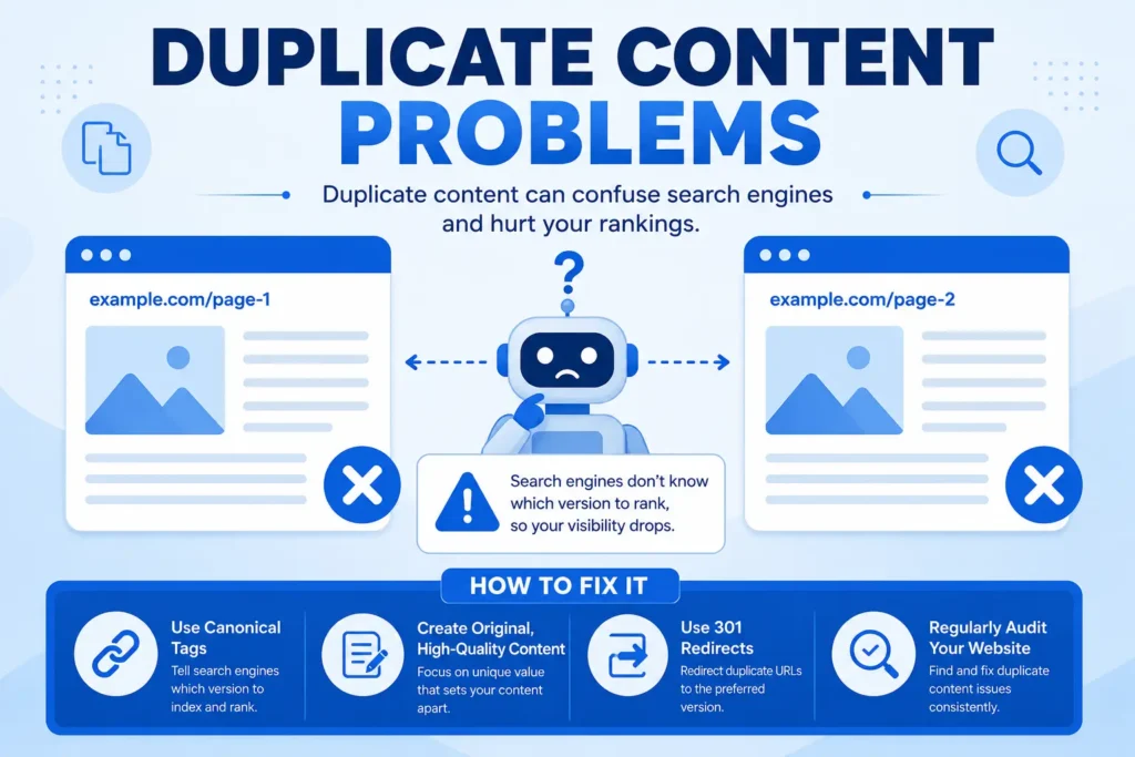 Blue-themed infographic explaining duplicate content problems in SEO and how duplicate pages can negatively affect Google ranking and search engine visibility.