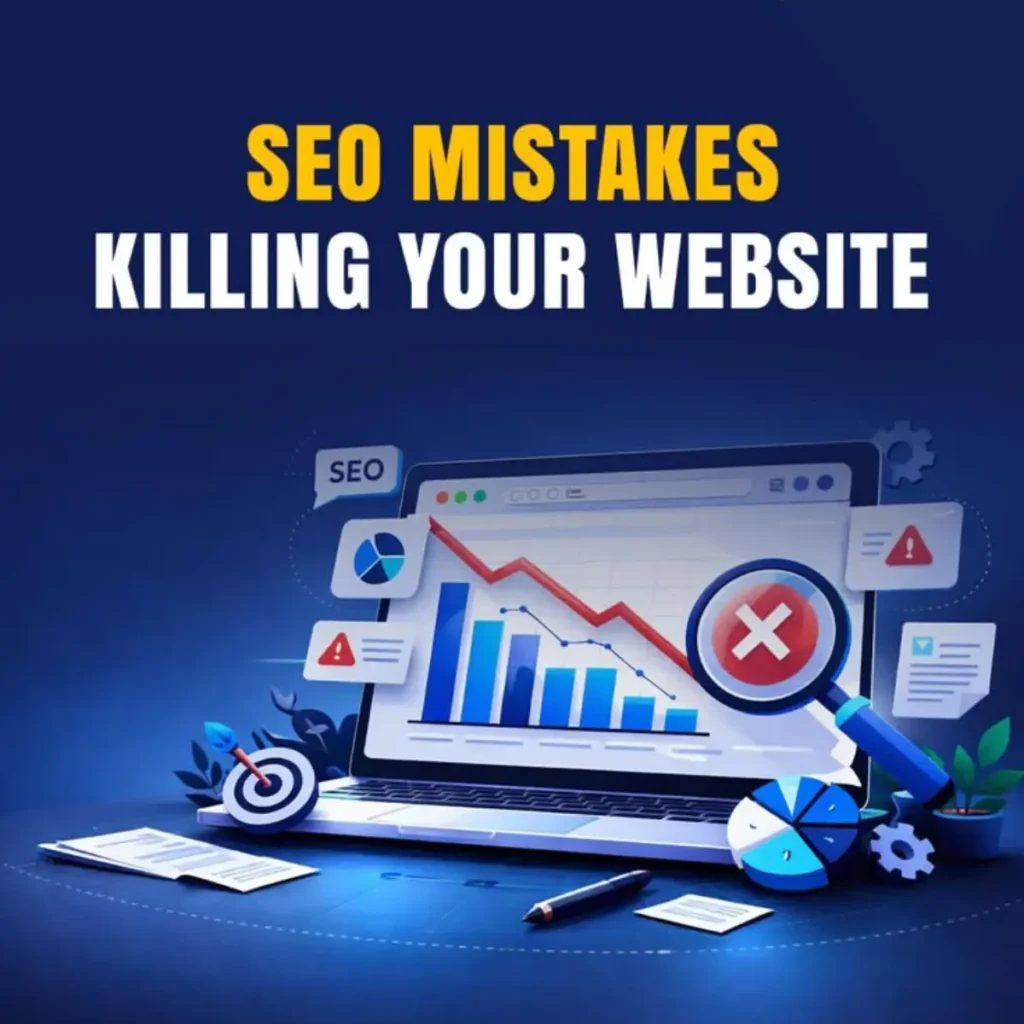 Illustration showing SEO mistakes killing website rankings with a declining traffic graph and website optimisation errors