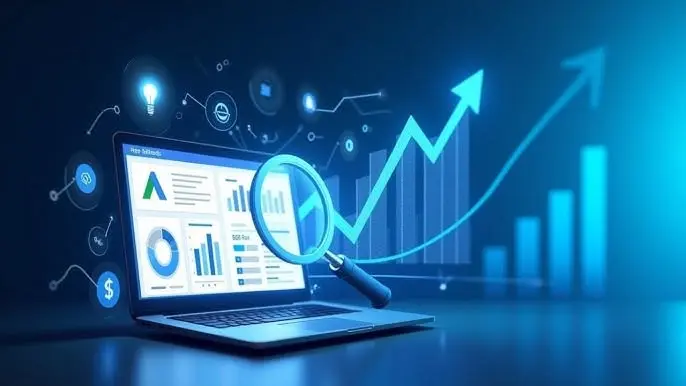 SEO analytics dashboard with growth chart and magnifying glass representing common SEO mistakes, better Google ranking, and business growth through website optimization.