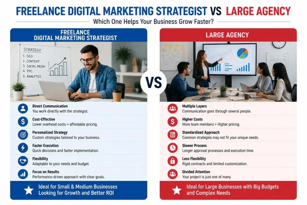Digital Marketing Strategist in Bahrain Helps Businesses Grow Faster by comparing freelance marketing services and large agency solutions