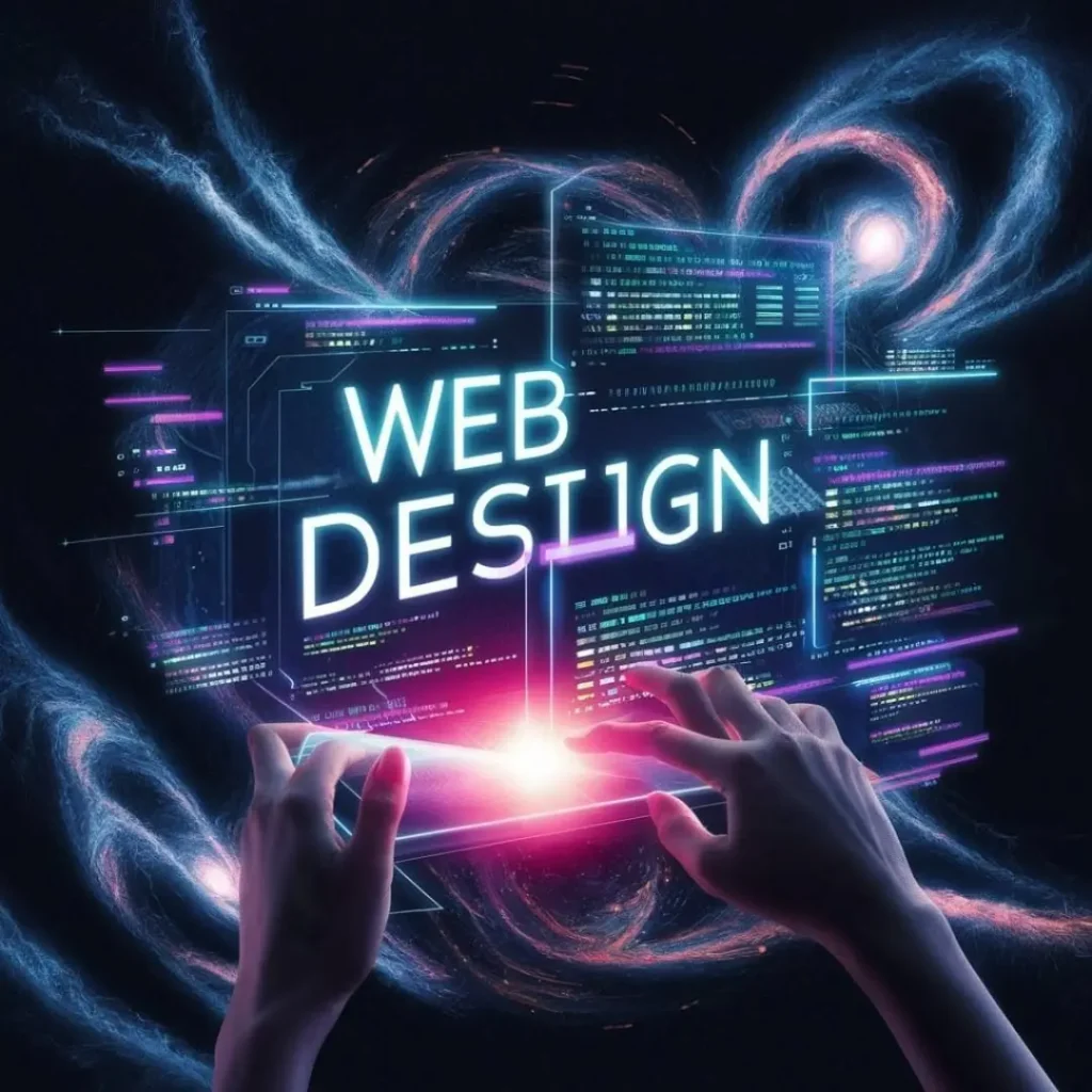 Digital marketing strategist in Bahrain designing a modern website with futuristic web design interface, coding elements, and user-focused digital strategy