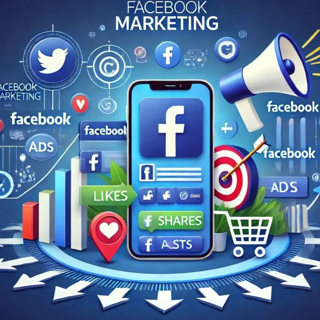 Facebook Marketing illustration showing likes, shares, ads, and engagement icons representing social media marketing strategies that increase sales.