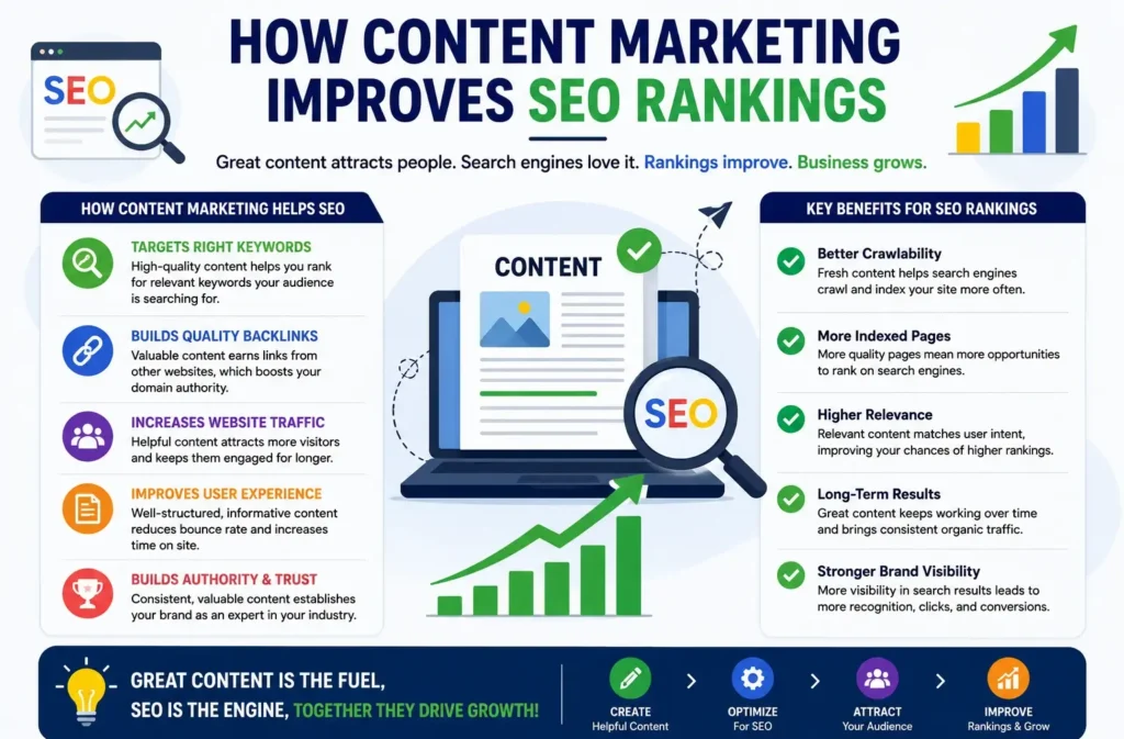 Infographic showing how content marketing improves SEO rankings with keyword targeting, backlinks, traffic growth, and SEO benefits.