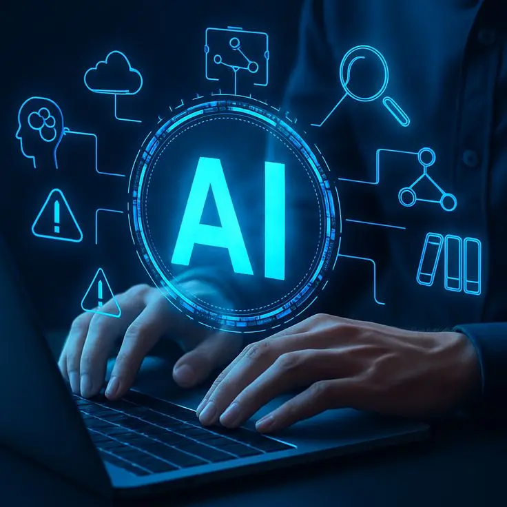 Futuristic AI technology interface displayed on a laptop screen, representing the impact of artificial intelligence on digital marketing strategies and data-driven business solutions.