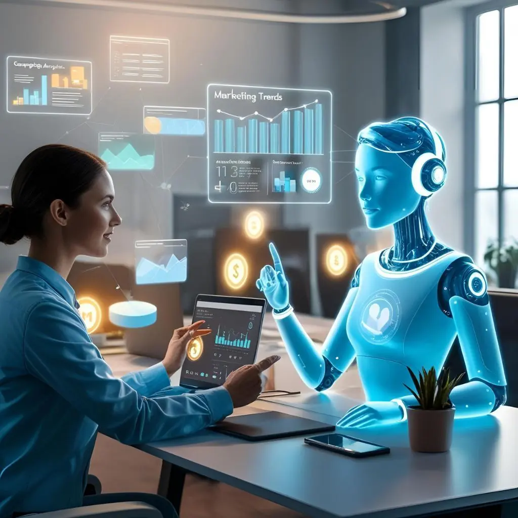 Businesswoman interacting with an AI robot and digital analytics dashboard, illustrating the impact of artificial intelligence on digital marketing strategies and business growth.