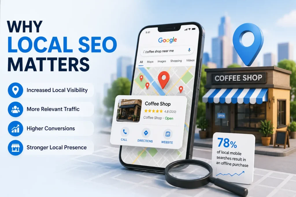 A modern local SEO illustration showing a Google Maps search, business location pins, and smartphone search results, representing top digital marketing trends businesses should follow in 2026.