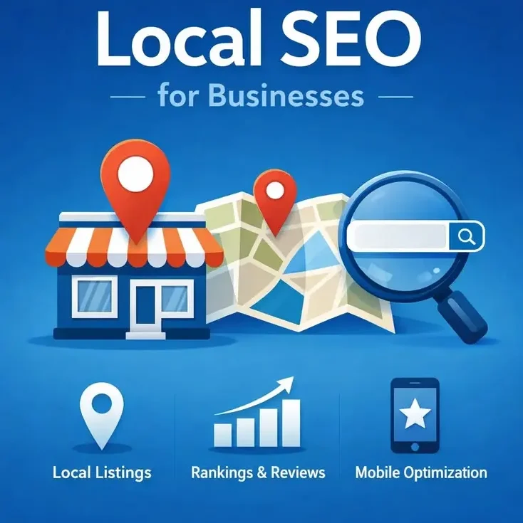 Local SEO for businesses infographic highlighting local listings, Google rankings, customer reviews, and mobile optimization to improve local search visibility.