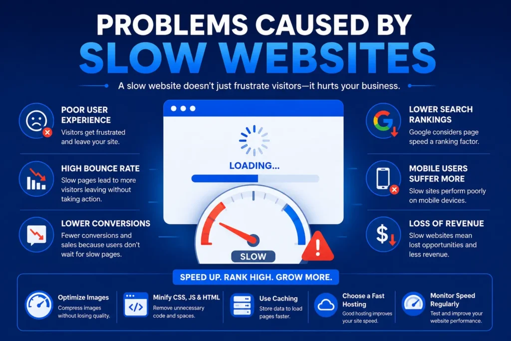 Blue-themed SEO infographic showing problems caused by slow websites, including poor user experience, high bounce rates, lower Google rankings, and reduced conversions.