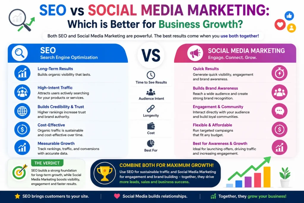 Freelance digital marketer can Compare infographic showing SEO vs SMM benefits for business growth, visibility, traffic, engagement, and brand awareness.