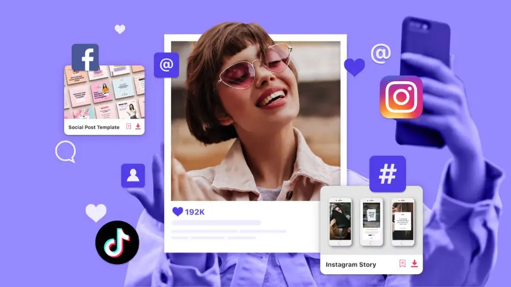 Woman creating social media content with Instagram, TikTok, and Facebook elements, representing Top Digital Marketing Trends Businesses Should Follow in 2026.