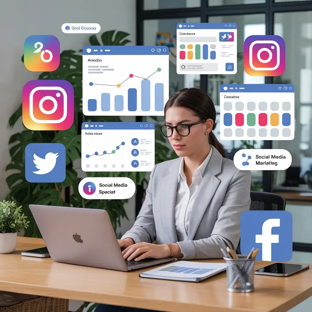 A woman working on a laptop surrounded by Instagram, Facebook, and Twitter icons and analytics charts, representing social media marketing strategies that increase sales.