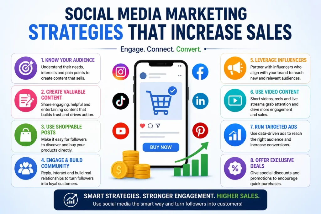 Social media marketing infographic showing strategies to increase sales through content, ads, influencers, and video marketing. Freelance digital marketer, SEO, SMM
