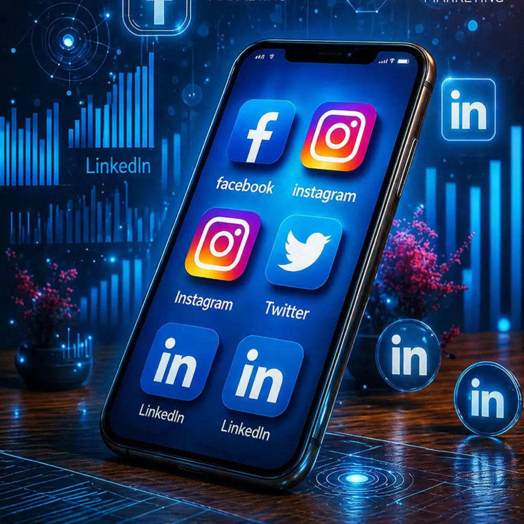 Digital marketing strategist in Bahrain managing social media platforms like Facebook, Instagram, LinkedIn, and Twitter for business growth