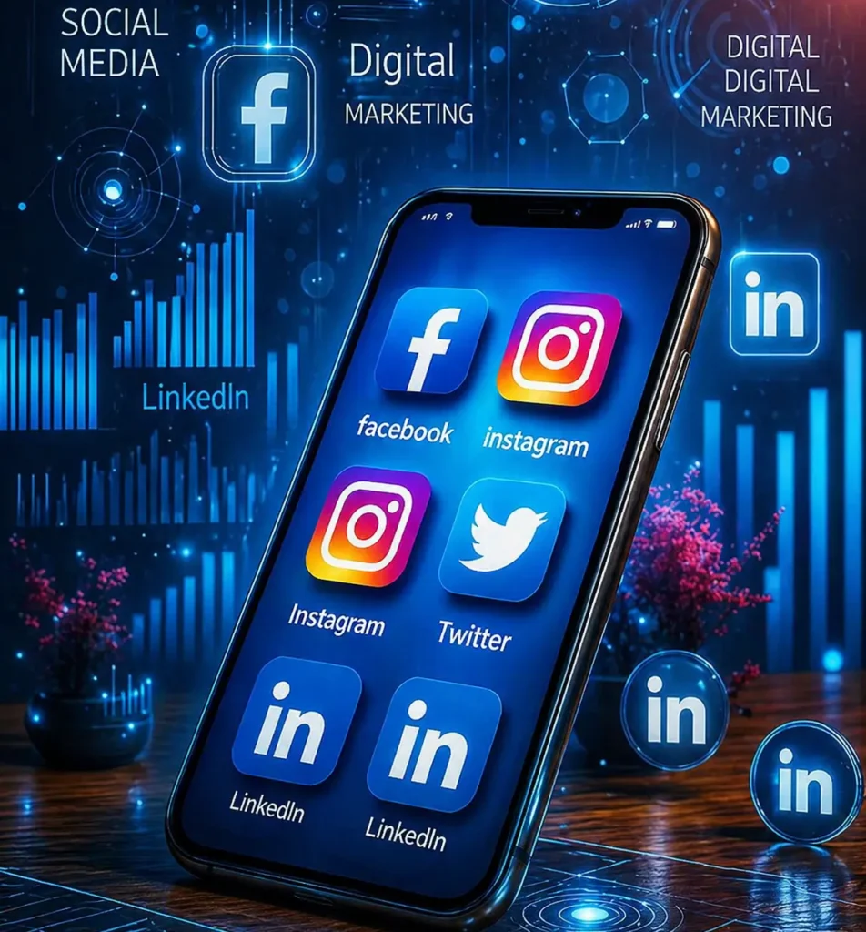 Digital marketing strategist in Bahrain managing social media platforms like Facebook, Instagram, LinkedIn, and Twitter for business growth