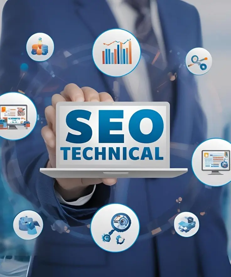 Technical SEO concept image showing website optimization, analytics, search performance, and SEO tools to improve Google ranking and website visibility.