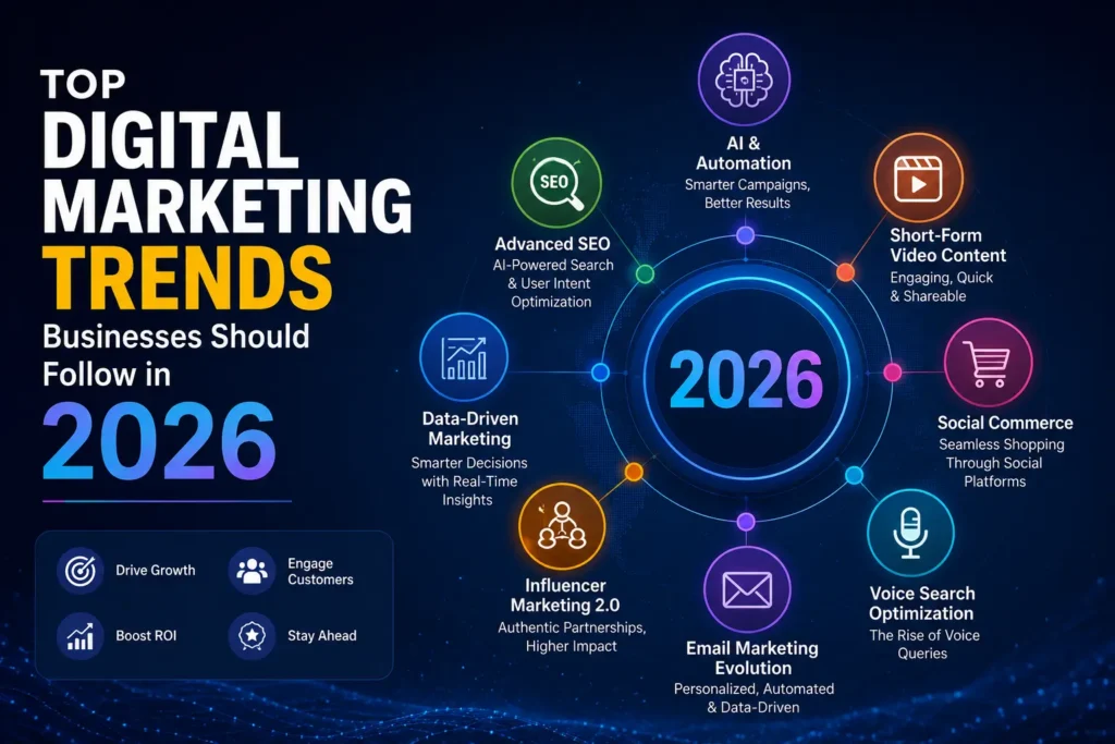 Modern digital marketing infographic featuring AI, SEO, short-form video, social commerce, and voice search strategies representing top digital marketing trends businesses should follow in 2026.