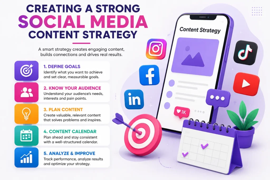 Illustration showing a strong social media content strategy with Instagram, Facebook, LinkedIn, and TikTok icons for businesses in Bahrain.