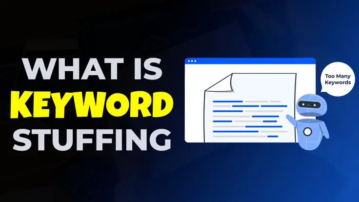 Illustration explaining keyword stuffing in SEO with highlighted focus keywords like SEO, Google ranking, and common SEO mistakes businesses should avoid.