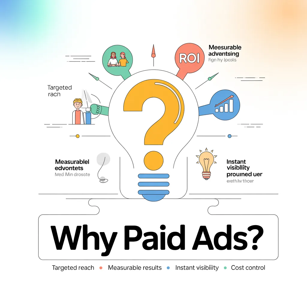 Why Paid Ads: An infographic highlighting targeted reach, measurable results, instant visibility, and cost control as key social media marketing strategies that increase sales.