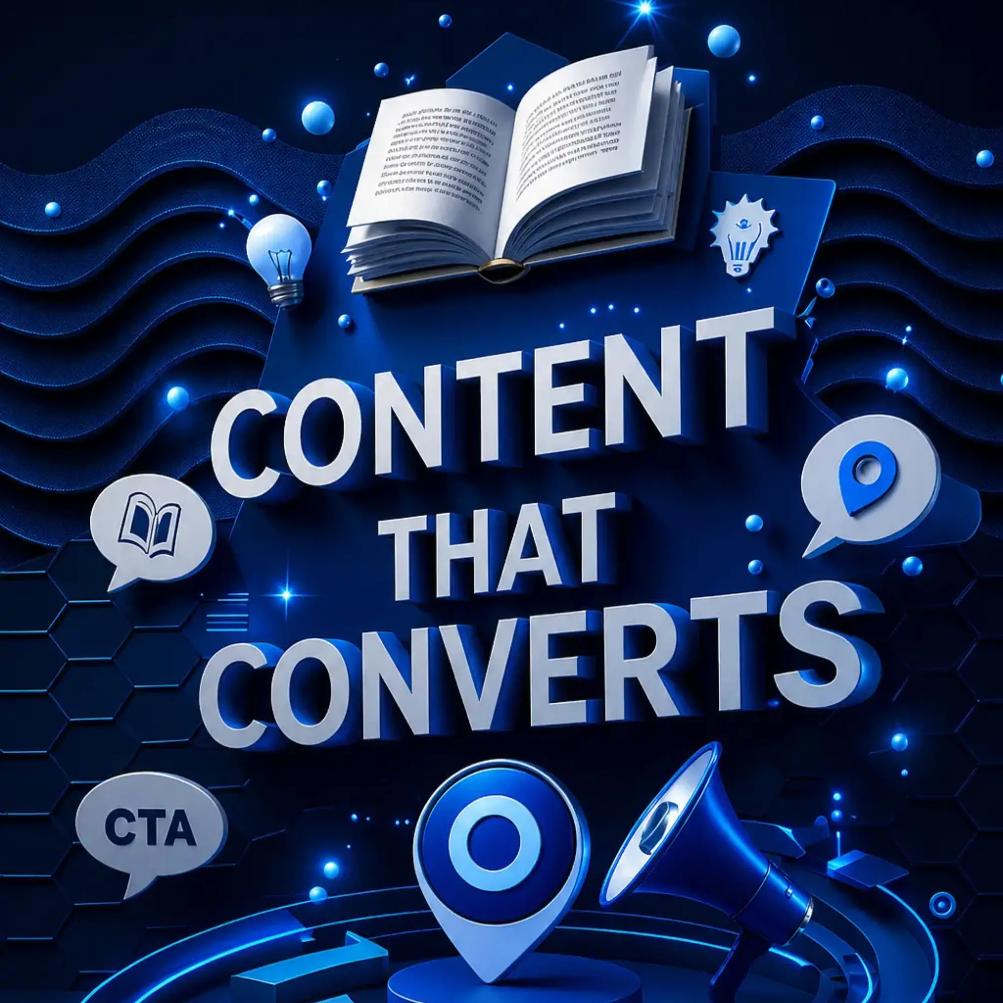 Content that converts concept with CTA, targeting icons, and marketing elements designed by a digital marketing strategist in Bahrain