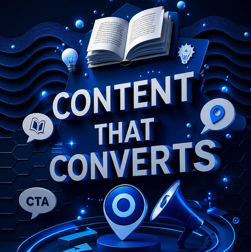 Content that converts concept with CTA, targeting icons, and marketing elements designed by a digital marketing strategist in Bahrain