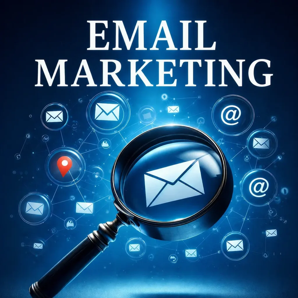 Email marketing strategy concept with magnifying glass and email icons, representing a digital marketing strategist in Bahrain optimizing targeted campaigns