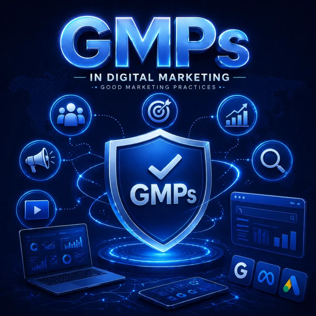 GMPs in digital marketing with shield protection and strategy icons, representing a digital marketing strategist in Bahrain following best marketing practices