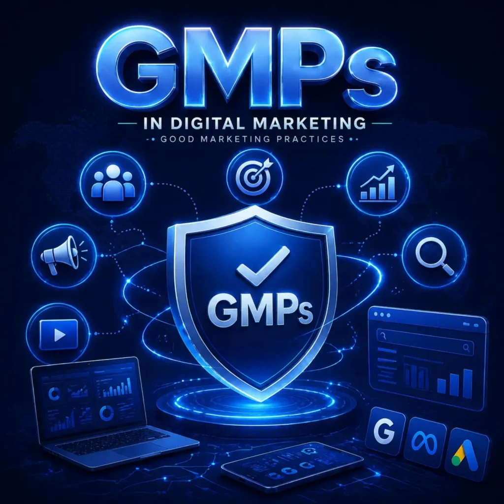 GMPs in digital marketing with shield protection and strategy icons, representing a digital marketing strategist in Bahrain following best marketing practices