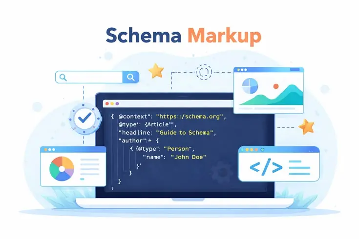 SEO vs AEO vs GEO illustration showing schema markup implementation with structured data code on a laptop screen, search elements, analytics charts, and website optimization icons.