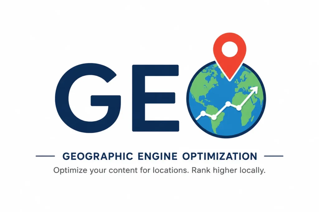 SEO vs AEO vs GEO comparison graphic showing Geographic Engine Optimization (GEO) with a globe, location pin, and growth chart representing local search visibility and location-based content optimization.