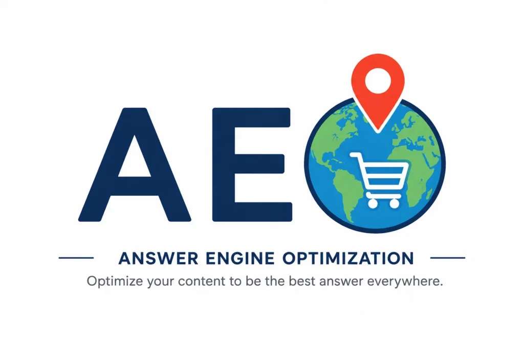 SEO vs AEO vs GEO comparison image highlighting Answer Engine Optimization (AEO) with a globe, location marker, and shopping cart representing direct answers and AI-driven search results.